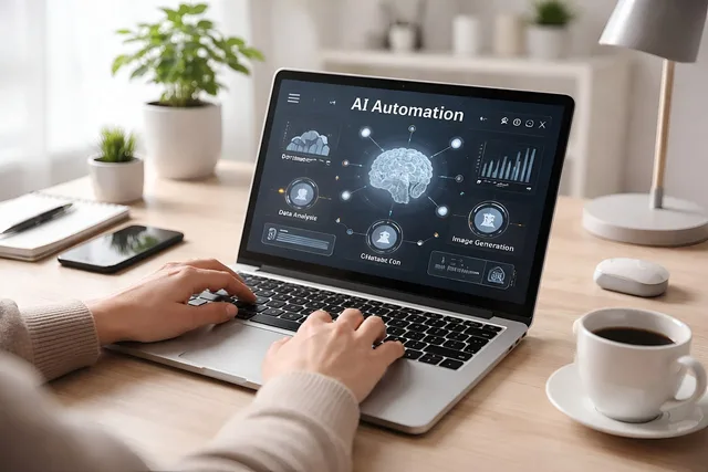 artificial intelligence, automation, machine learning, laptop, workspace, modern design, remote work, desk, productivity, digital workflow, neutral tones, natural lighting, nature, professional, home office, coffee cup, plant, creative workspace, teamwork, office plant. Automatisering der sparer tid i den lille virksomhed